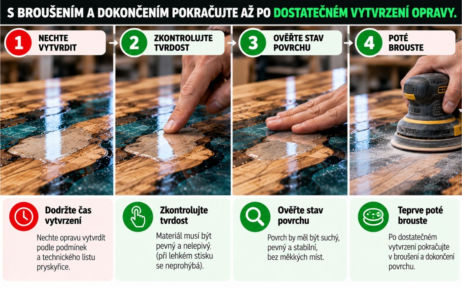 Kontrola opraveného epoxidového povrchu před broušením